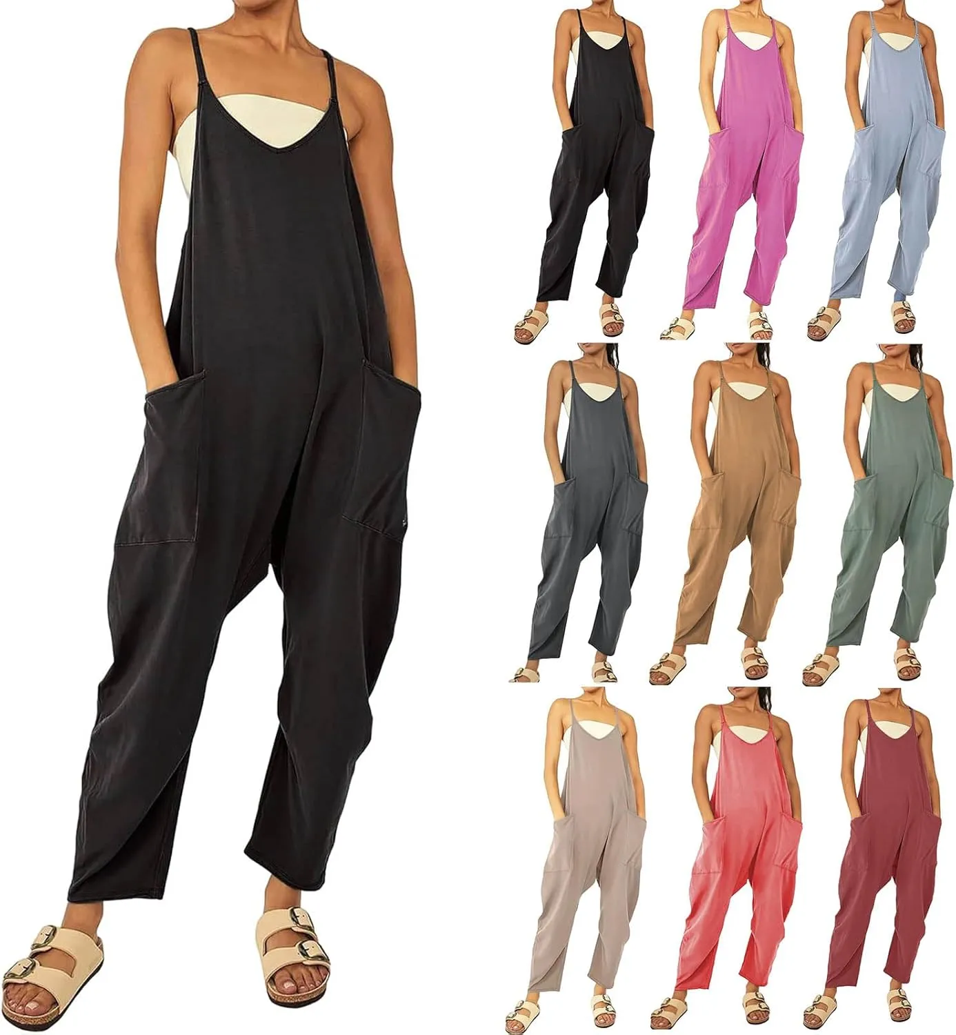 ZWRXW One Piece Jumpsuits for Women V Neck Sleeveless Jumpsuits Spaghetti Straps Harem Long Pants Romper Overalls with Pocket
