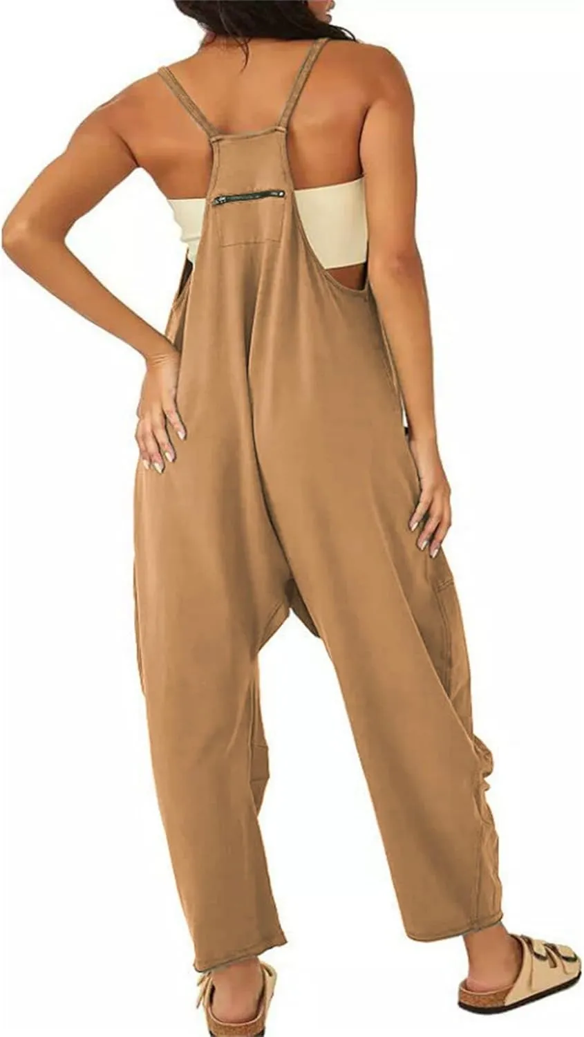 ZWRXW One Piece Jumpsuits for Women V Neck Sleeveless Jumpsuits Spaghetti Straps Harem Long Pants Romper Overalls with Pocket