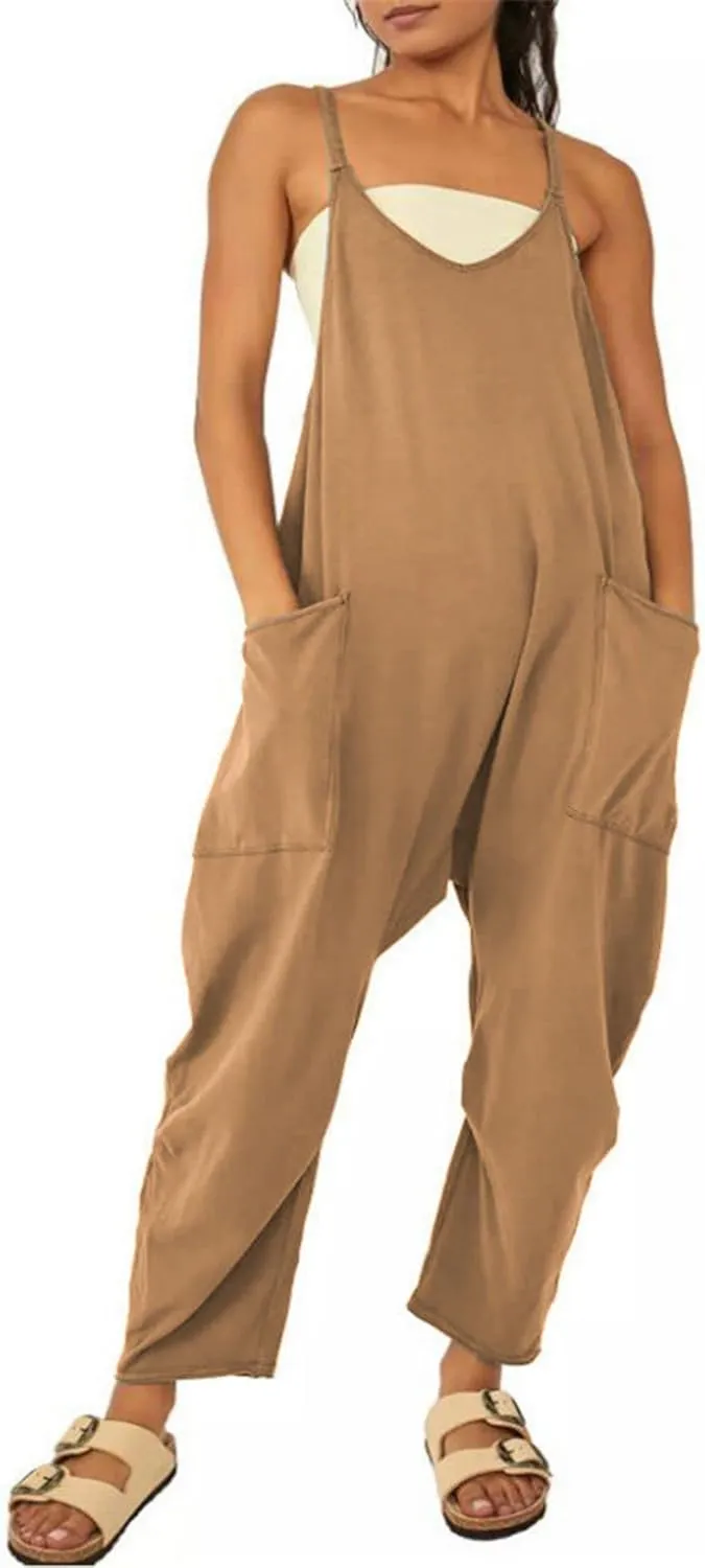 ZWRXW One Piece Jumpsuits for Women V Neck Sleeveless Jumpsuits Spaghetti Straps Harem Long Pants Romper Overalls with Pocket